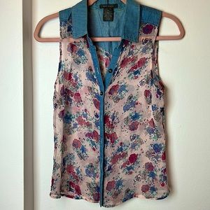 Floral chiffon & button down jean tank top